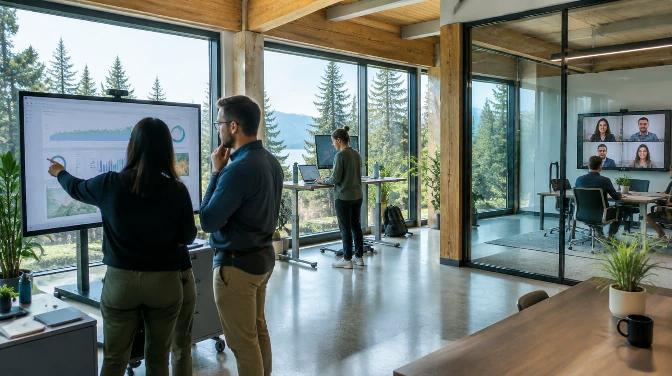 Colleagues reviewing a cloud dashboard on a large display in a bright Pacific Northwest office, with a video meeting in the glass conference room