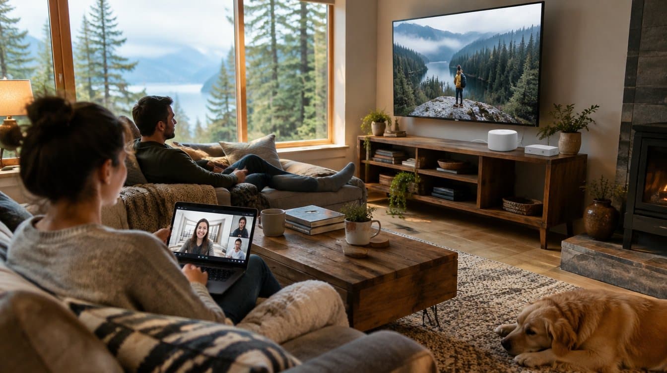 Family relaxing in a Pacific Northwest living room with a fiber terminal and mesh WiFi router on the shelf