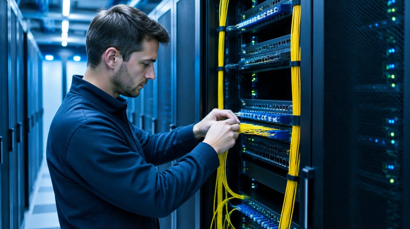 Network engineer connecting fiber cables into a patch panel in a data center